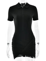 FDYOUI Women's Polo Collar Zip-up Jumpsuit Dress Chic Short Sleeve Folds Solid Bodysuits One Piece Yoga Fitness Sporty Playsuits