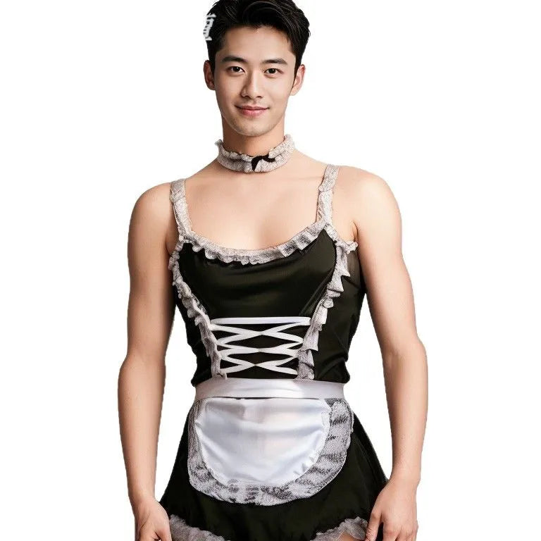 Cross-border Sexy Pure Desire Men Cosplay Stretch Milk Silk Lace Suspender Skirt and Lace Apron Valet Lingerie Uniform Set
