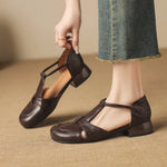 French Slip-on Single Shoes Retro British Shoes for Women Brown T-Strap Shallow Flat Sandals Soft Leather RomeSummer New 32-43