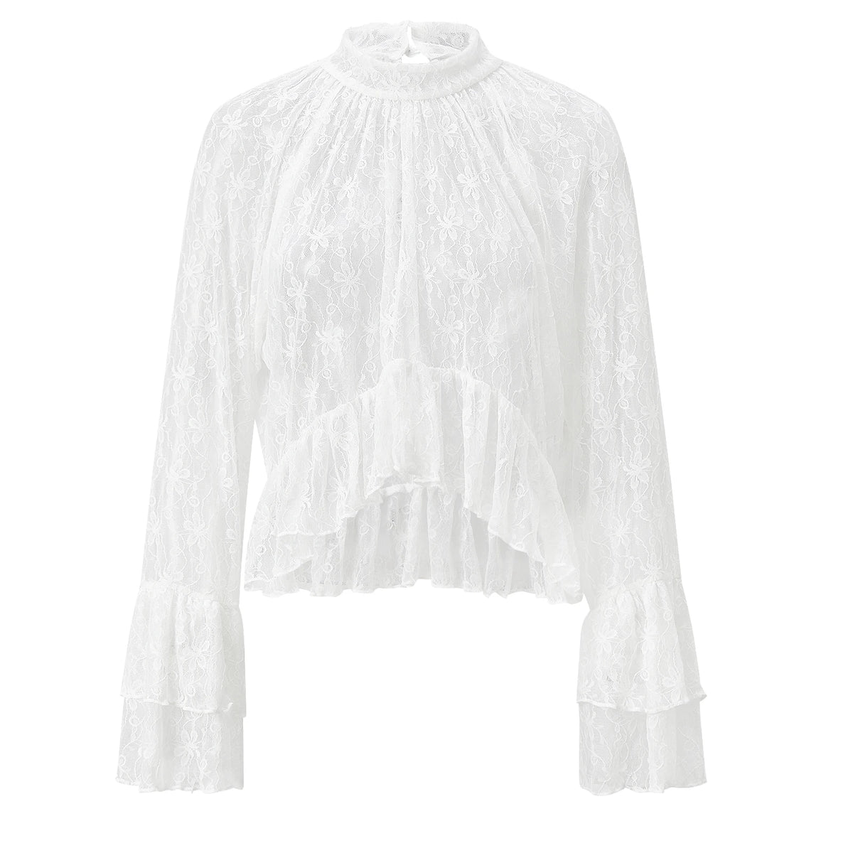 Womens Lace Floral Sheer Blouse Flare Long Sleeve Mock Neck Ruffle Peplum Hem Cropped Shirts Elegant Sexy Cover-ups Tops