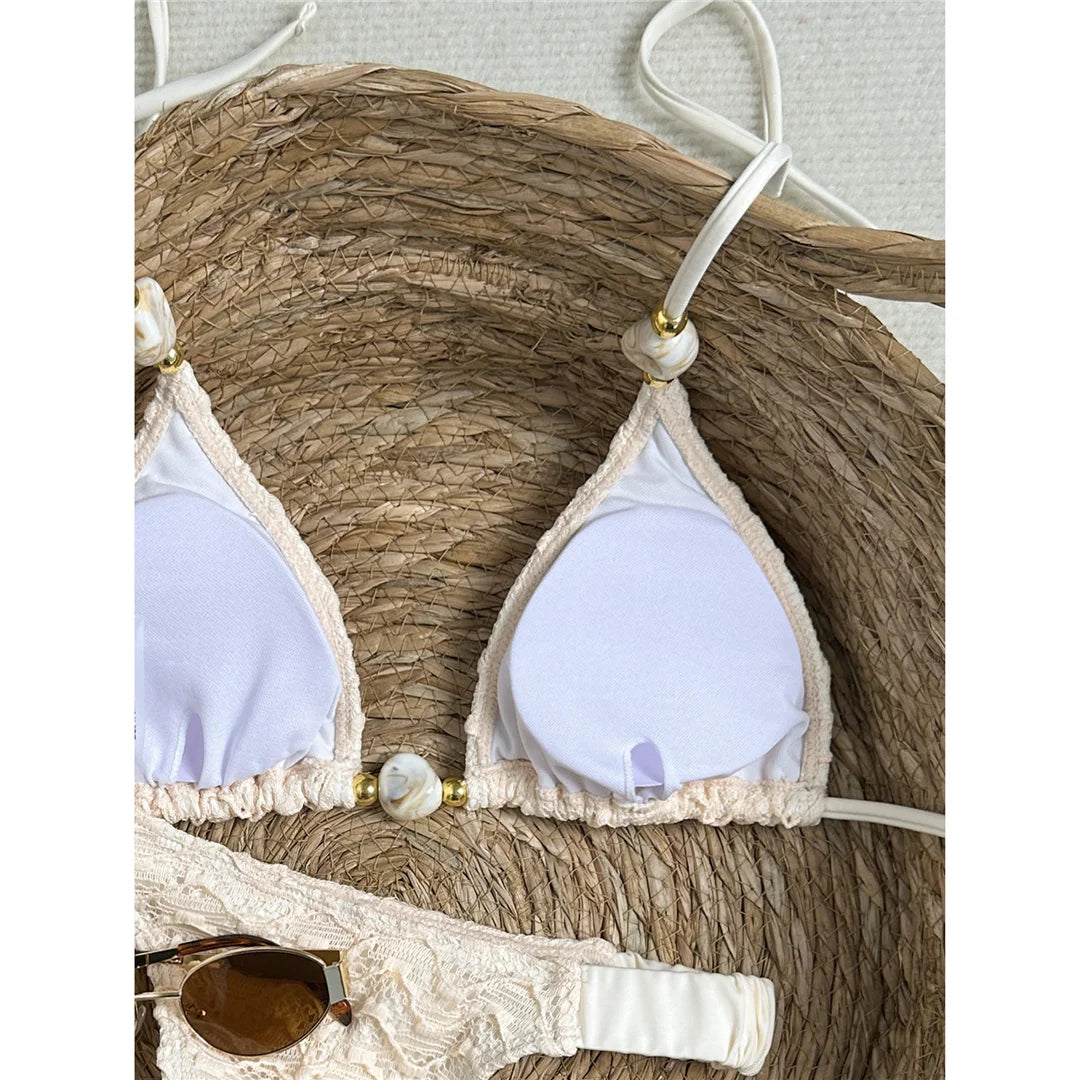 2026 Wrinkled Crinkled Halter Bikini Women Swimwear Female Swimsuit Two-pieces Bikini set Padded Bather Bathing Suit Swim V8135