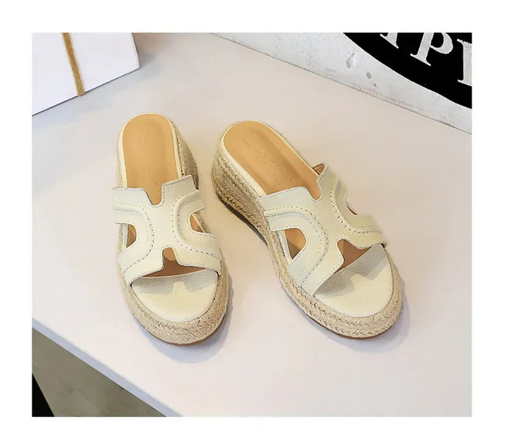 Spring 2025 Women's Slippers Hollow Out Strap Waterproof Thick Heel Woven Rope Country Style Slip-On Shoes Polyurethane Material