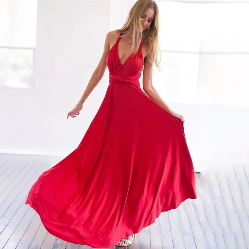 Women Dress Halter Sleeveless Backless Multiple Strap Design Party Dress Wedding Banquet Festival Long Dress