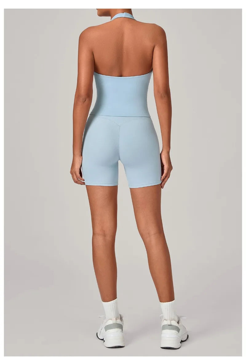 Women's Seamless Yoga Fitness Sets Sports Halter Neck Backless Vest Hip-lifting Slim Fit Shorts Suits Running Workout Gym Sets