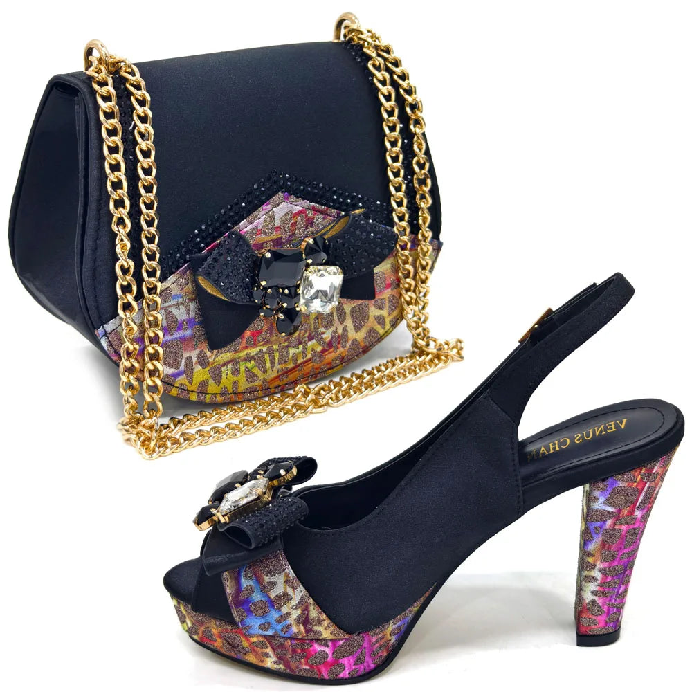 Doershow new come Matching Women Shoe and Bag Set Decorated black Nigerian Shoes and Bag Set Italy Shoes and Bag set HDF1-17