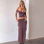 FDYOUI Woman Clothing Polka Dot Crop Tops and Lace-up Skirt Two Piece Sets Female Elegant Slash Neck Long Vacation Dresses Suit