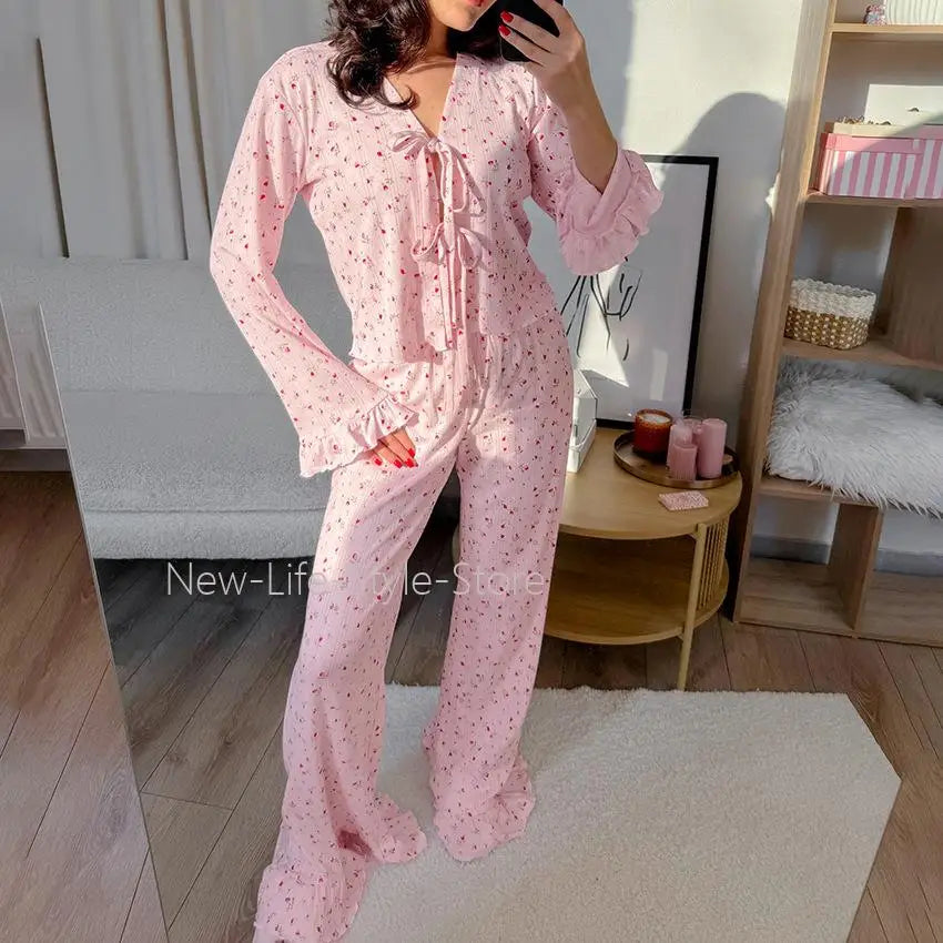 Women European Autumn Winter Knit Pajama Set Hollow Print Tie Top Ruffle Long Pants Two Piece Ladies Homewear Sleepwear