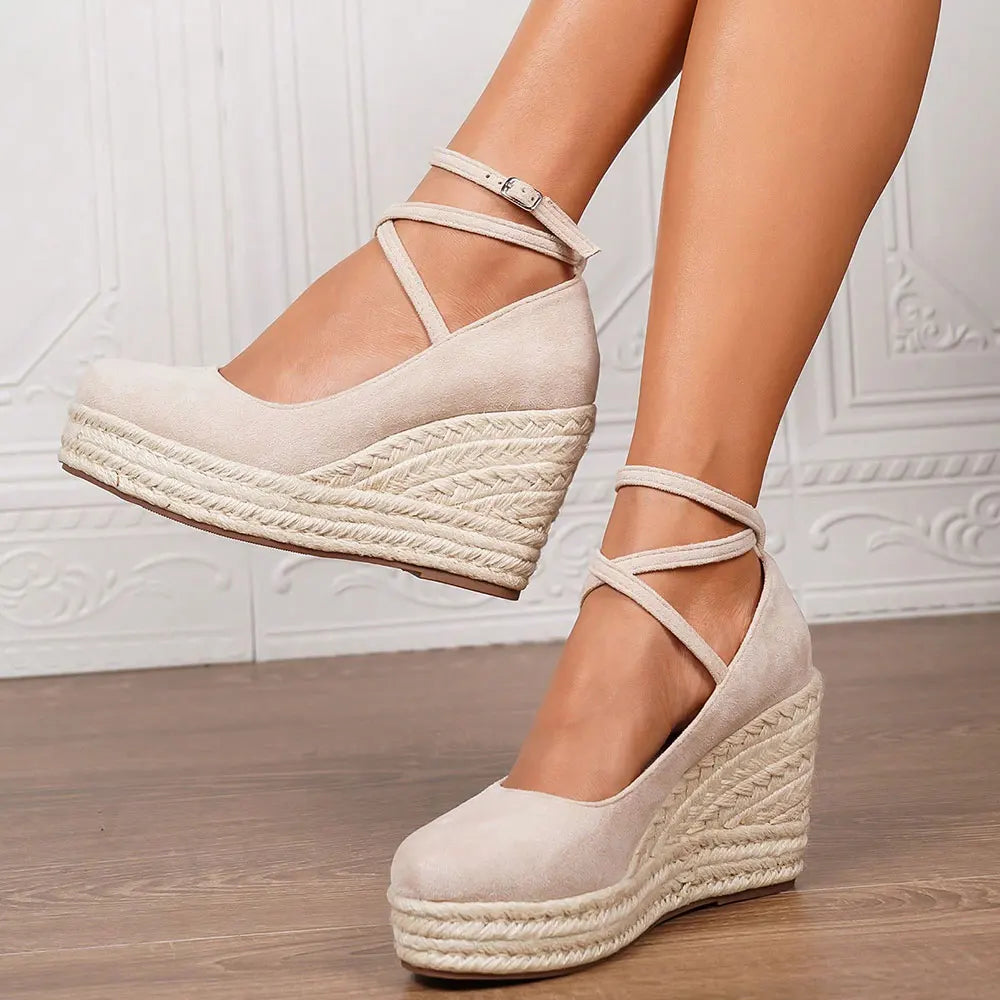 2025 Comfy Walk Big Size 43 Summer Bohemian Espadrilles Platform Pumps Cross Strap Chunky High Heels Wedges Shoes Women
