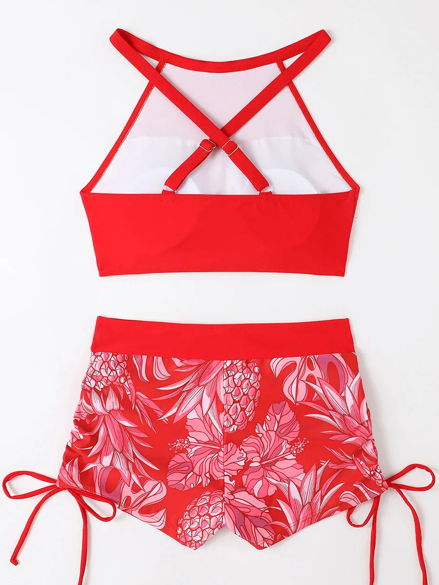 2026 Print High Waist Swimsuit Women High Neck Bikini Drawstring Swimwear Female Bathers Bathing Swimming Swim Suit Beachwear