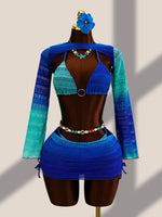 Sexy Blue Gradient Knitted 4 Piece Bikini Set 2026 Swimwear Women Long Sleeve Cover Up Drastring Skirt Holiday Thong Swimsuit
