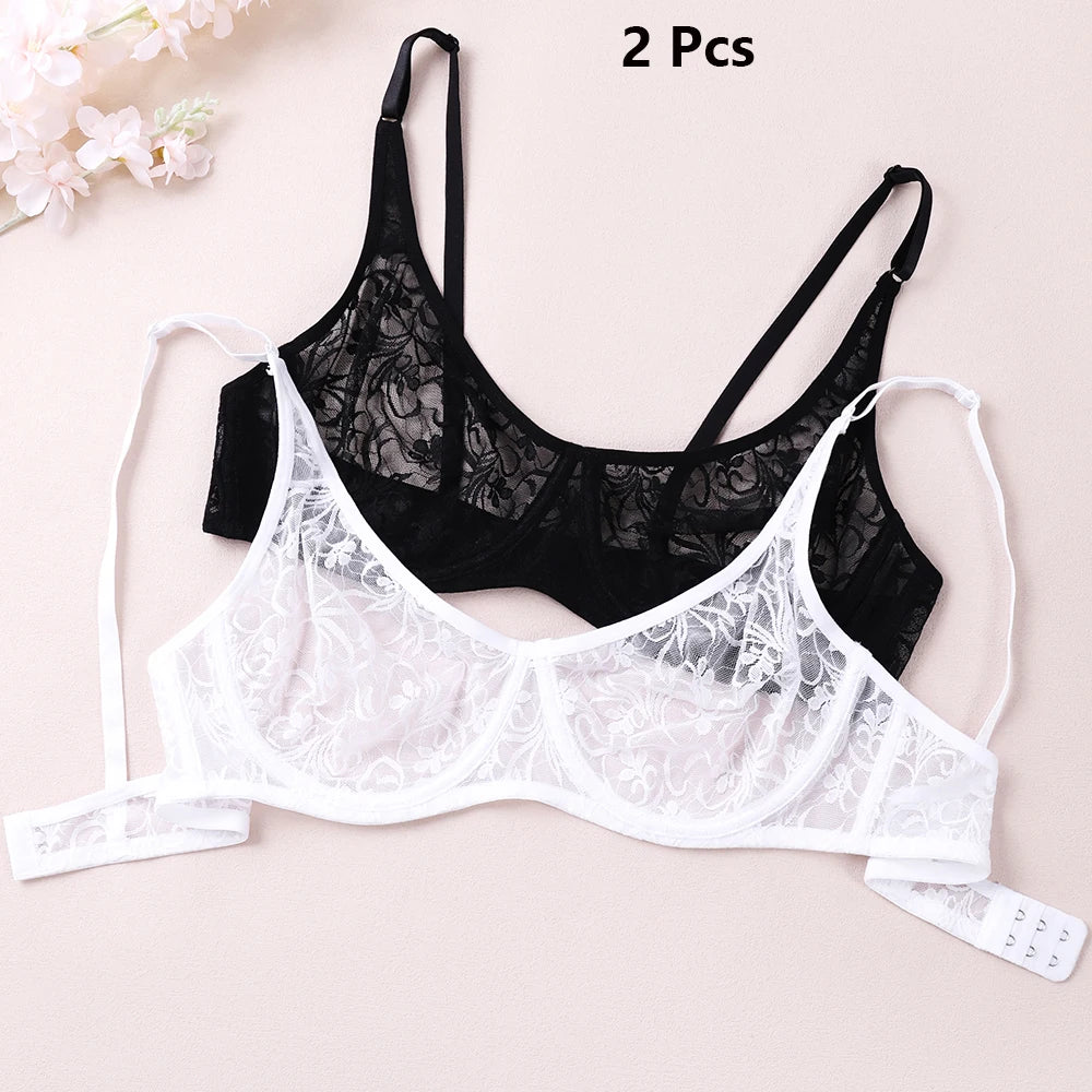 2 Pcs Sexy Womens Lace Bra Underwire BH Hollow Out Perspective Underwear Lingerie BH Tops Plus Size Brassiere B C D E Cup