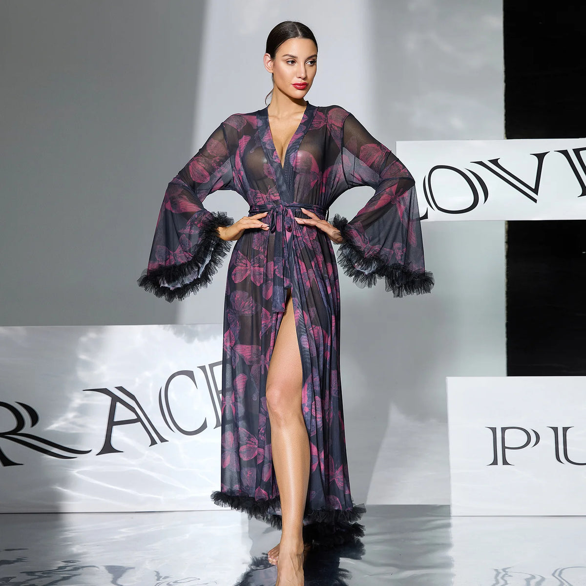 2026 New Women Elegant Butterfly Print Mesh Robe Big Flare Sleeve Lace Up Tassel Fringe High Slit Bathrobe Loungewear
