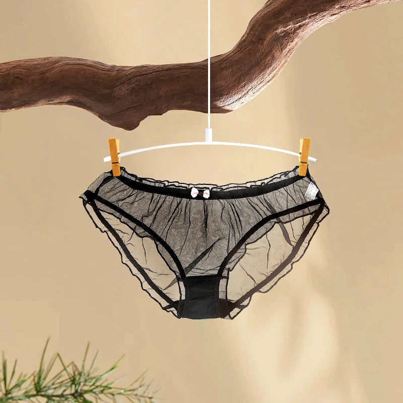 Lolita Mesh Panties Sexy Lace Briefs for Women Transparent Underwear Summer Bow Briefs Girl Low Waist Underpants Ruffle Lingerie