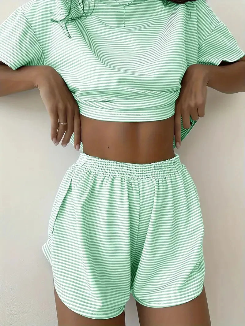 2026 New Women's Striped Pajama Set Summer Short-Sleeved T-Shirt and Shorts 2-Piece Set Home Wear Casual Loose Round Neck Pajama