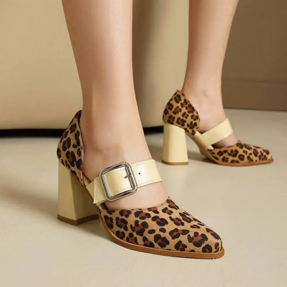 SpringAutumn New Model Fashion High Heels Nude Shoes Color Blocking Pointed Tip Buckle Leopard Print Sexy Party Women's Shoes