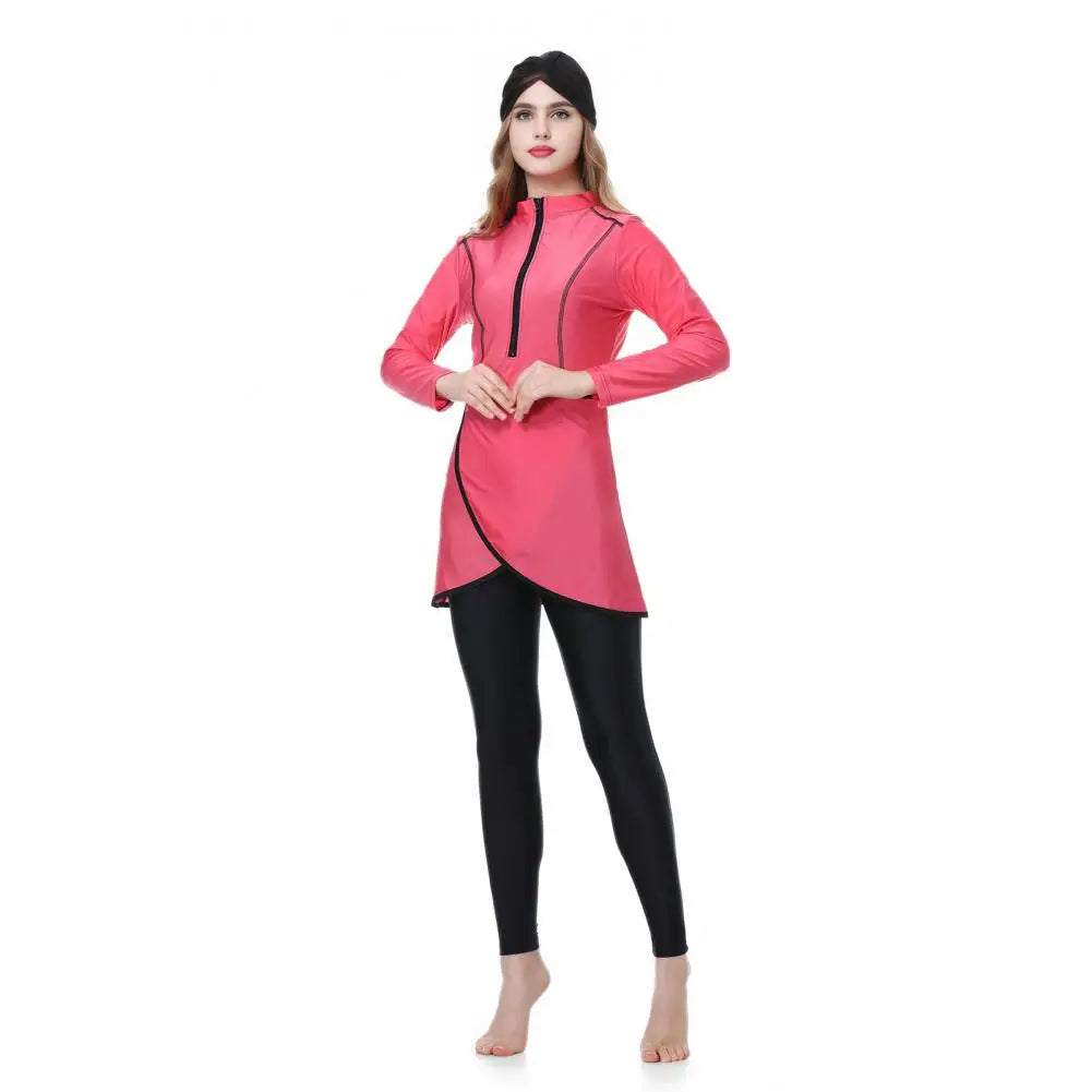 3Pcs/Set Women Split Swimsuit Front Skirt Secure Zipper Closure UV Protection Tops Long Swimming Trousers Set With Headscarf