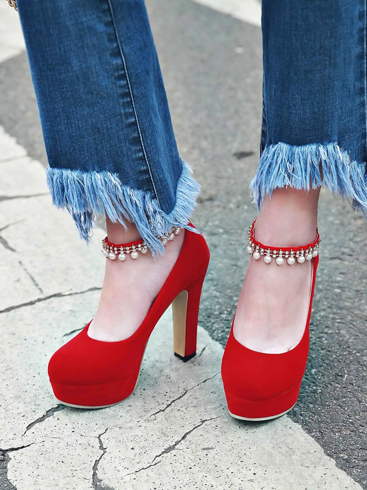 2026 Big Size 33-43 Classic Black Office Lady Beading Ankle Strap Platform Pumps Elegant Red 12cm Party High Heels Shoes Women