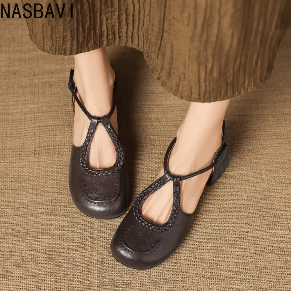 Women's T-Strap Shallow Flat Sandals Soft Leather Rome French Slip-on Single Shoes Retro Round Toe Shoes for Women Summer 32-43