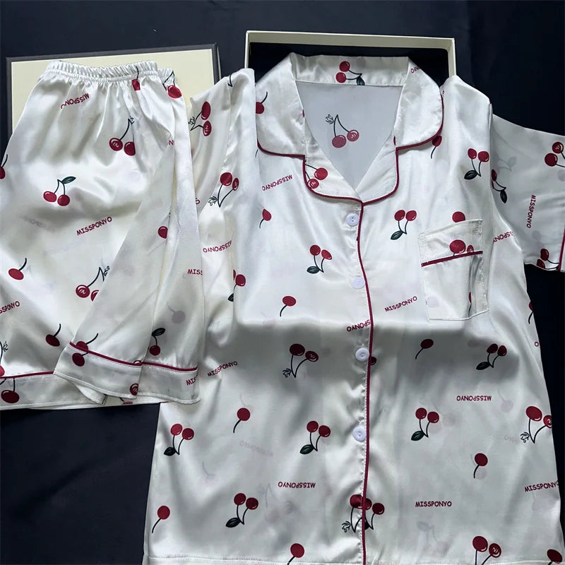Cherry Print Pajamas Set for Women Summer Satin Two Piece Sleepwear Short Sleeve Shirt and Shorts Casual Fashion Homewear