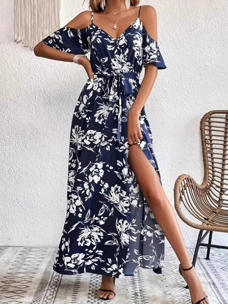New Summer Women Print Dress 2025 Fashion ElegantVacation Party Short Sleeve Slim V-neck Slit Long Dresses Vestidos Para Mujer