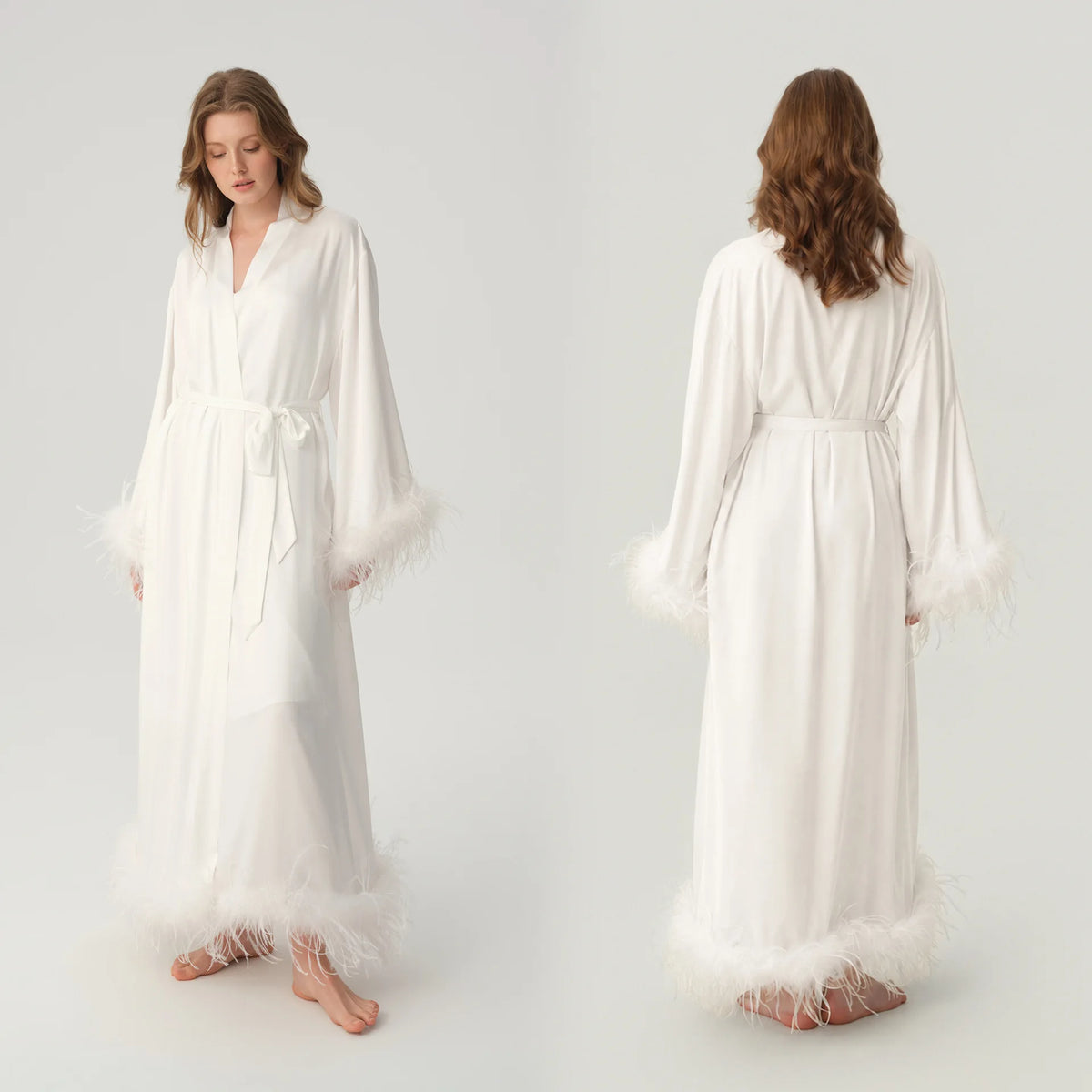 Satin Feather Trim Bridal Morning Gown for Women Long Sleeve Belted Maxi Robe Elegant Soft Home Bathrobe Sleepwear Loungewear