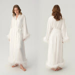 Satin Feather Trim Bridal Morning Gown for Women Long Sleeve Belted Maxi Robe Elegant Soft Home Bathrobe Sleepwear Loungewear
