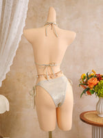 Sexy Beige 3D Flowers Embroidered Bikini Set 2026 Women Drawstring Cover Up 3 Piece Swimsuit Beach Bathing Suit Holiday Swimwear