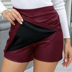 Women High-Waisted Mini Skort Pure Color Slimming Design Fake Skort Ladies Faux Leather Hip-Covered Mini Skirt For Daily Wear