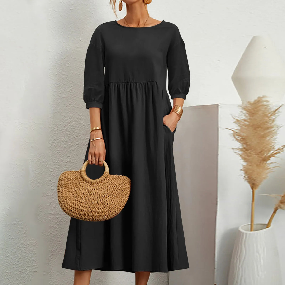 Womens Casual Summer Cotton Dress With Pockets 3/4 Sleeve Loose Midi Shirt Dress Women Dresses With Short Sleeves Vestidos