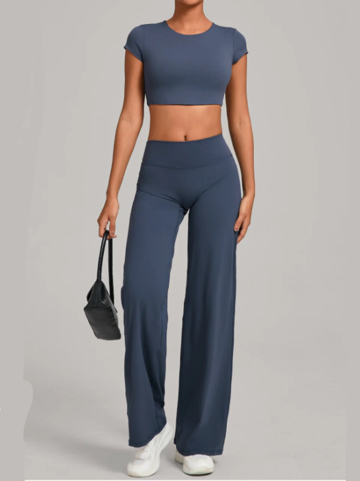 Women's Tracksuit Yoga Sets Back Hollow Out Short Sleeve Sports Shirts High Waist Straight Leg Pants Gym Running Fitness Suits