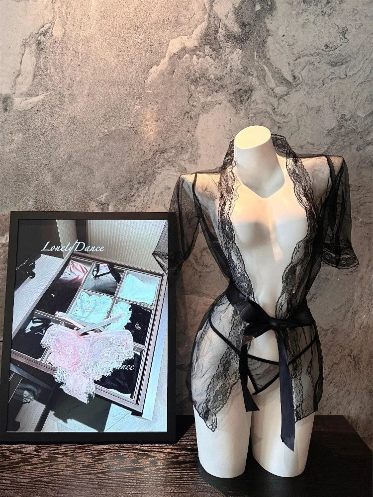 Ladies Sexy Lace Pajamas Evening Dress Sexy Lingerie Transparent Mesh Robe Underwear Solid Color Lace Bathrobe Dress Sex Clothes