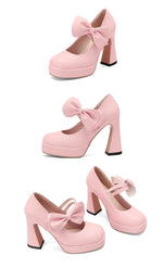 Plus Size Women's Bow Mary Janes Platform Chunky Heels Ankle Strap High Heel Pumps Sweet Lolita Party Dress Shoes
