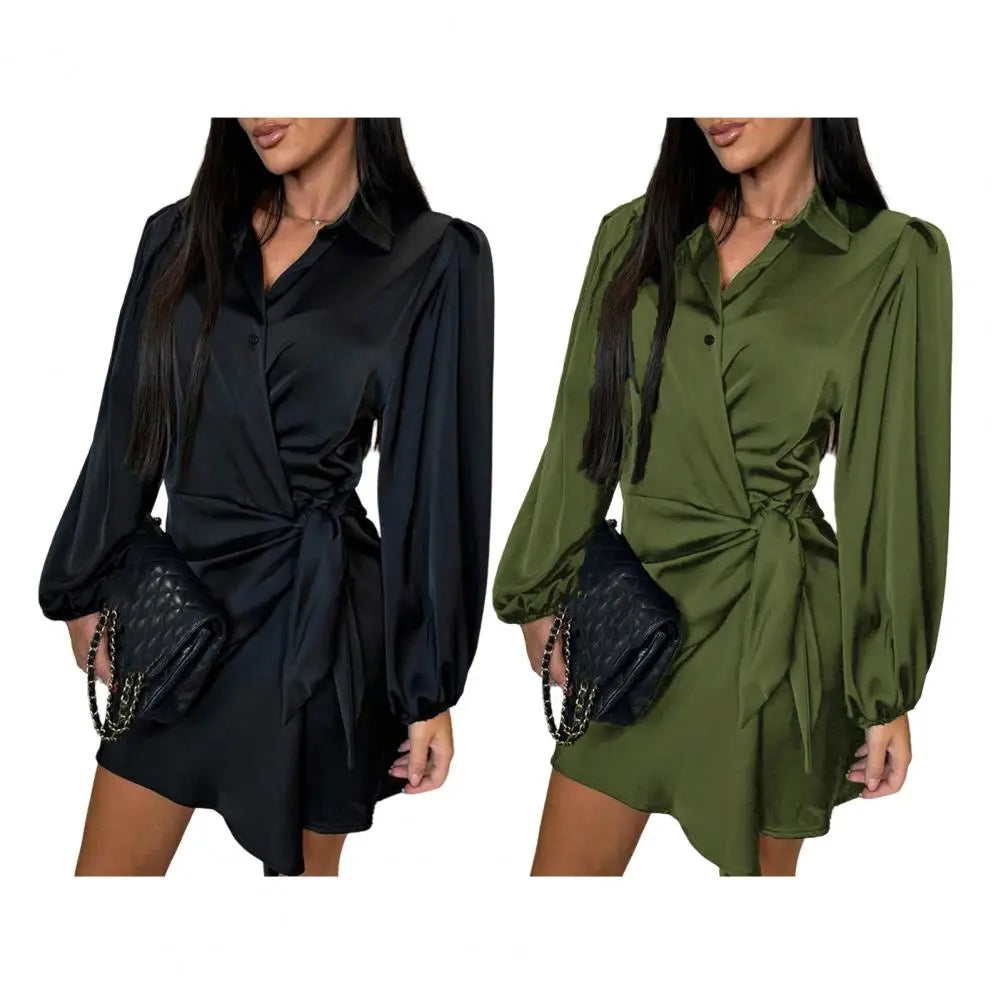 Party Club Short Dress Women's Satin Shirt Dress V Neck Long Sleeve Wrap Dresses Casual Tie Waist Mini Dress
