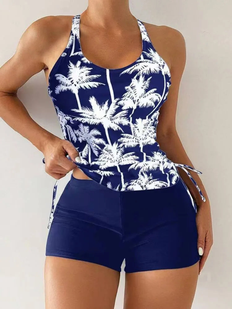 High Waist Swimwear Women 2025 New Two Pieces Swimsuit with Shorts Coconut Palm Print Tankini Set Summer Bathing Suit Trunks