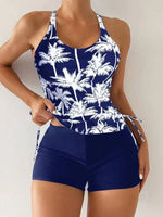 High Waist Swimwear Women 2025 New Two Pieces Swimsuit with Shorts Coconut Palm Print Tankini Set Summer Bathing Suit Trunks