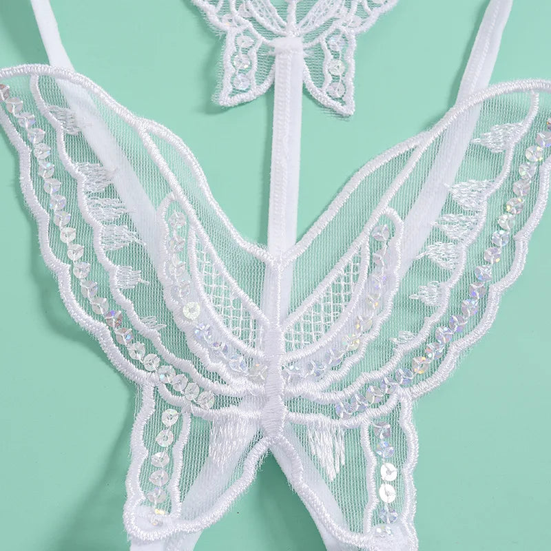 Double-Layer Thin Strap Sexy Thong Butterfly Embroidery Low Waist Sexy Bikini Pure Lace Sequins T-Shaped Panties Sexy G-strings