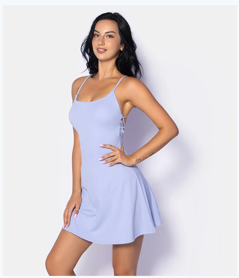 Summer Sleeveless Tennis Dress for Women Pink Hollow Out Backless Lace Up Gym Fitness Golf Badminton Pocket Skirt Suit Sportwear