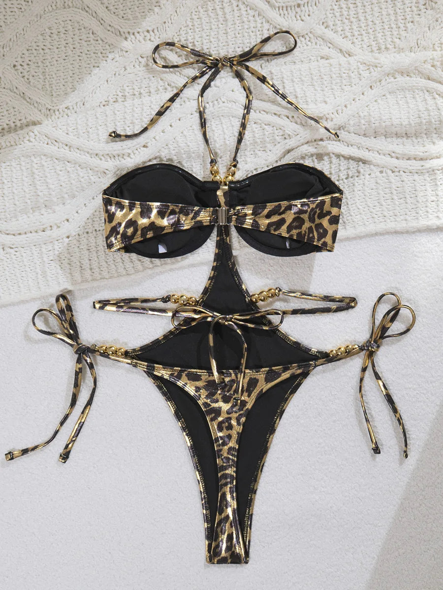Golden Leopard Halter Underwired One Piece Swimsuit Women Swimwear Female Backless Monokini High Cut Bathing Suit Swim Bodysuit