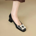 Shallow Mouth Square Toe Rhinestone Square Buckle Single Shoes Women's New Professional Patent Leather Kitten Heel Shoes