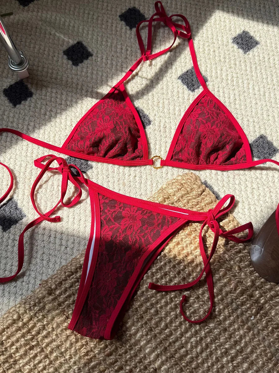 Embroidery Mesh Lace Halter High Cut Bikini Female Swimsuit Women Swimwear Two-pieces Bikini Set Bather Bathing Suit Swim Beach