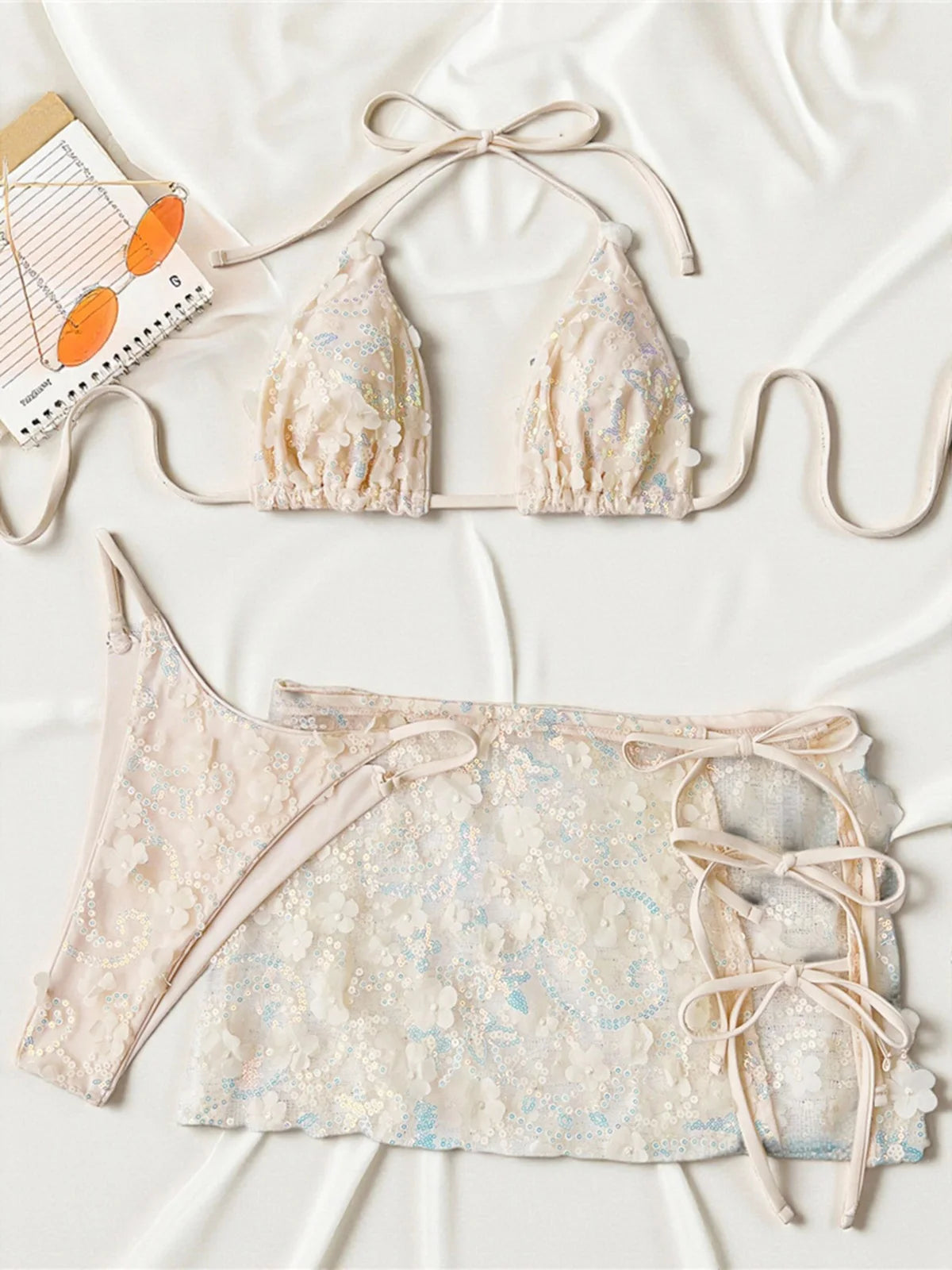 S - XL Three-pieces Bikini set With Skirt Flowers Sequins Bikini Female Swimsuit Women Swimwear Bather Bathing Suit Swim V7864