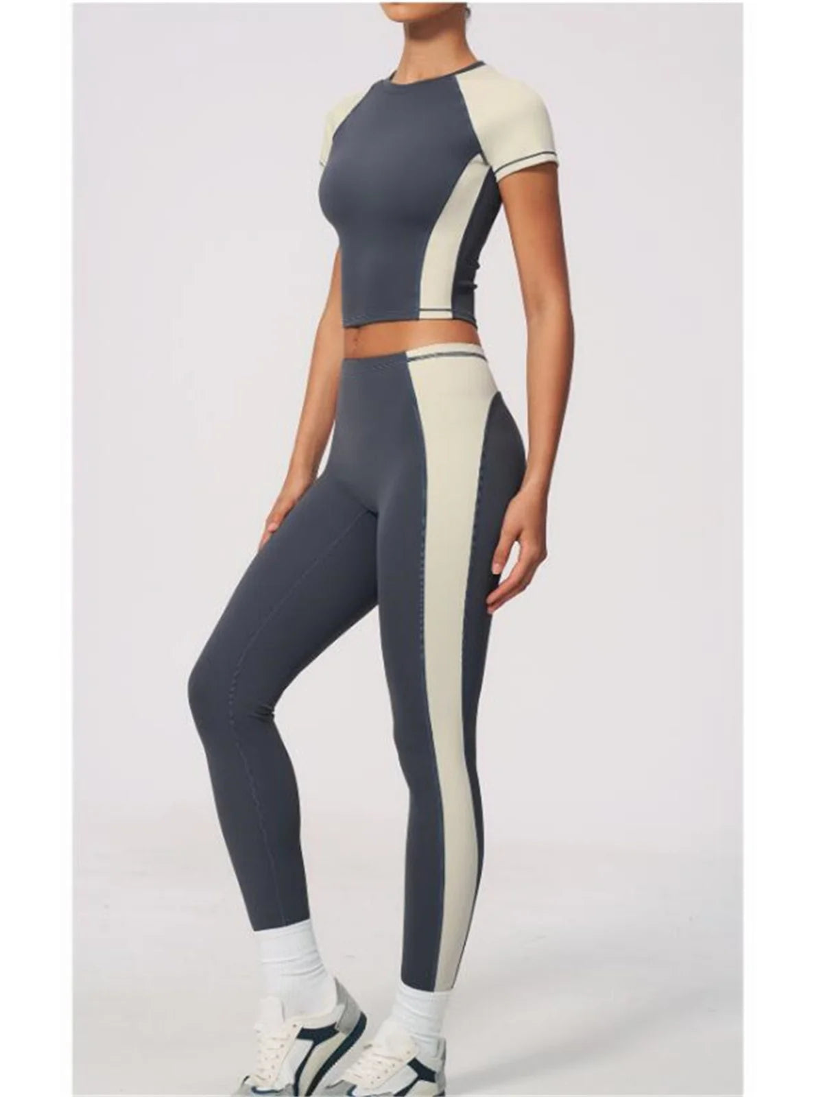 Nake Yoga Set Women's Tracksuit Color Contrast Short Sleeve Slim Sports T Shirts High Waist Leggings Fitness Clothes Gym Outfits