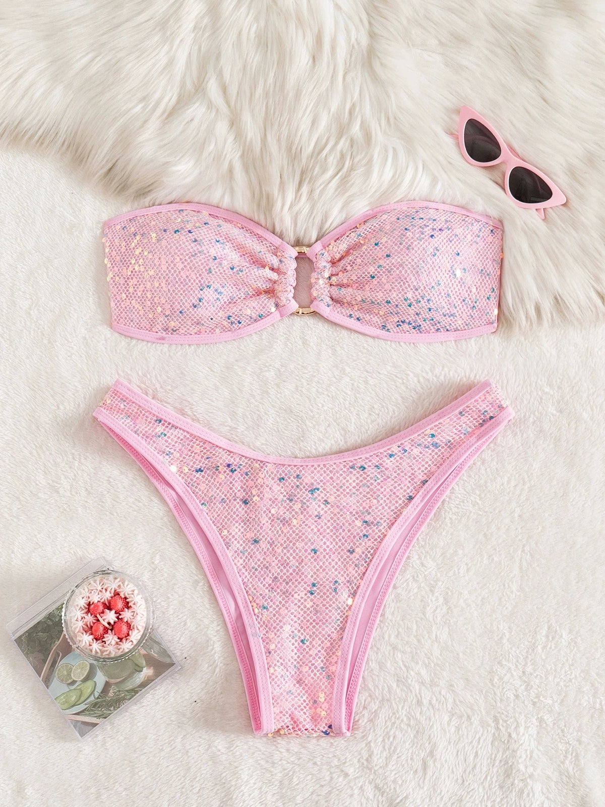 DEKA Gold Shiny Bandeau Bikini Set 2025 Women Sequin Front Ring Push Up Micro Swimsuit Summer Bathing Suit Thong Swimwear Biquin