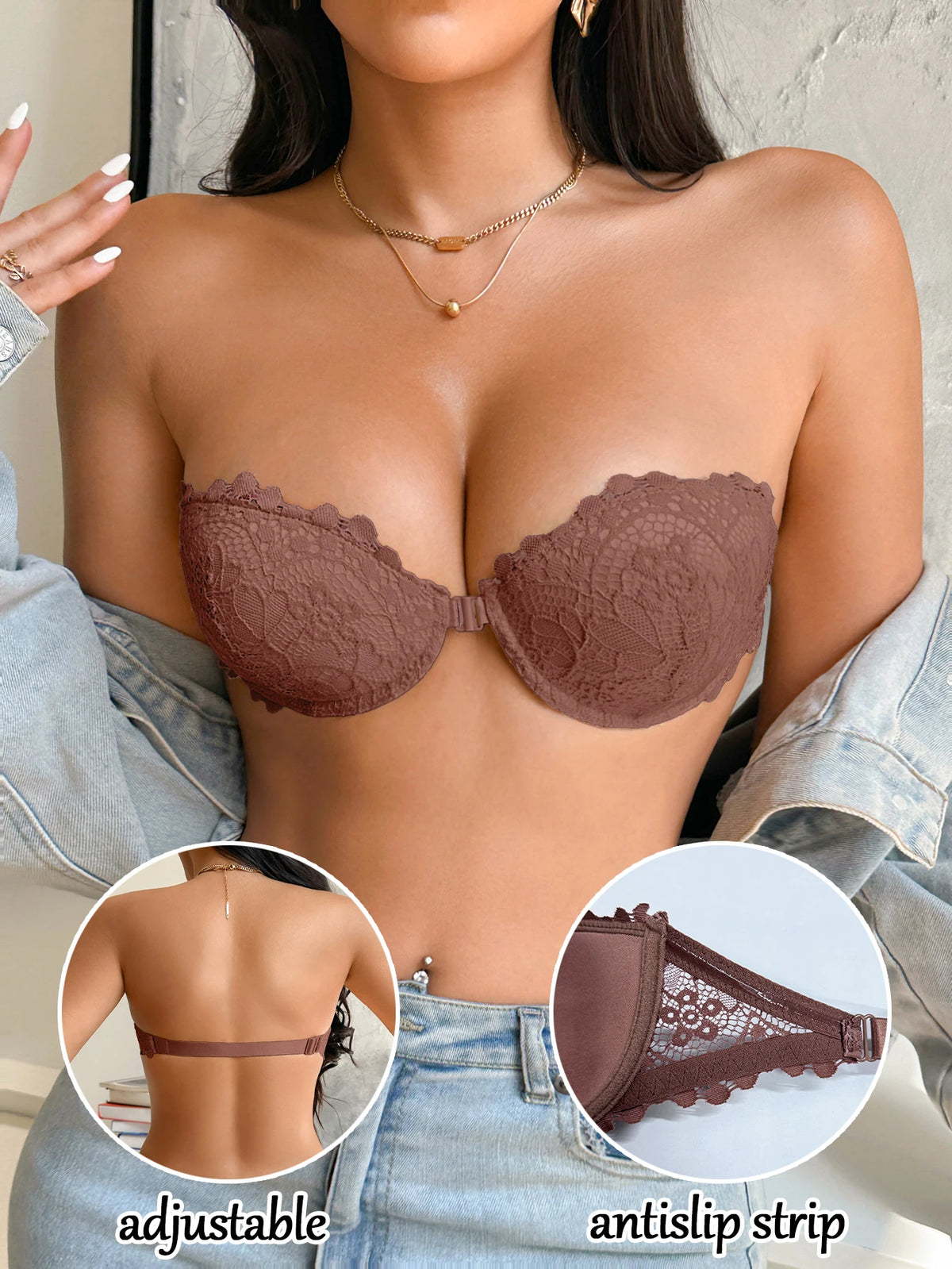 Half Cup Lace Women Strapless Bra Stylish Push Up Underwire Bra Comfortable Front Closure Daily Women's Underwear