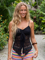 Women’s Solid Color Lace Halter Tank Tops Summer Fashionable Spaghetti Strap Handkerchief Hem Sheer Camis Tops
