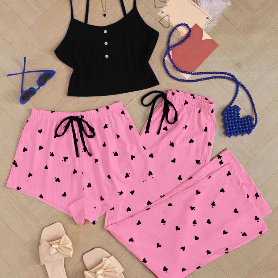 New Women's Love Pajamas Sweet and Cute Three Piece Set for Spring and Summer High-End Suspender Shorts Set sexy Home Clothes