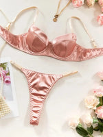 Seamless 2 Pieces Sexy Bra Set Women Satin Lingerie Underwear Patchwork Bras and Thongs Suits Attractive Bilizna Intimate Set