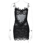 FDYOUI Spaghetti Strap See-through Mesh Dress Women Sleeveless Lace Patchwork Mini Party Dresses White Black Night Club Outfit