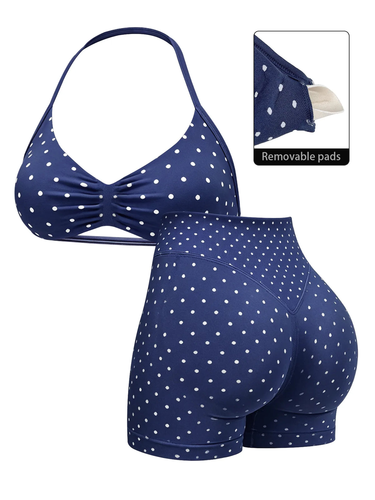 Sexy Black Polka Dot Print Seamless Yoga Sets Women Hanging Neck Pleate Sports Bra Tight High Waist Short Running Fitness Suits