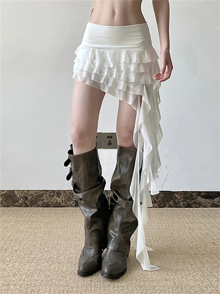 Women's Summer Mini Skirt Long Tassel Design Casual Solid Multi-Layered Ruffles Low Rise Short Skirts